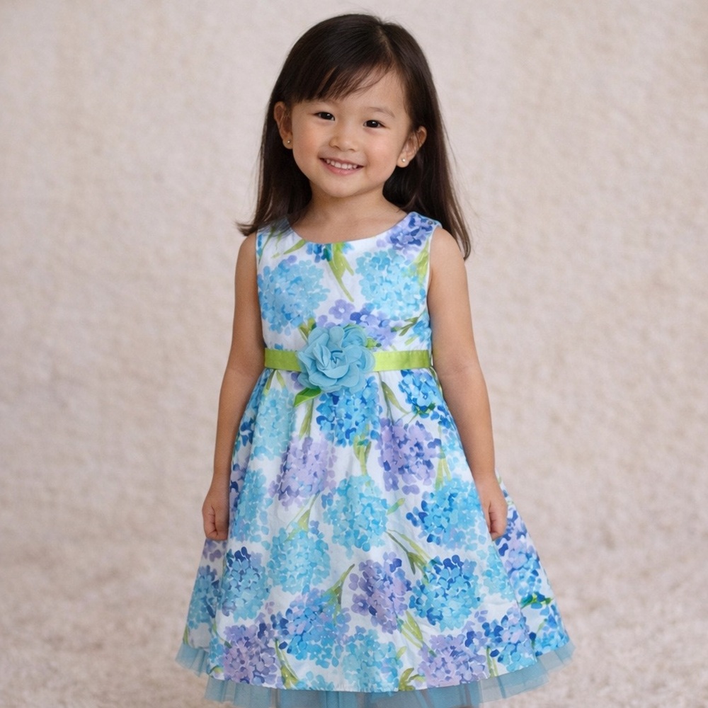 Youngland Blue White Green Purple Hydrangea Floral‎ Sundress Tulle Party Dress